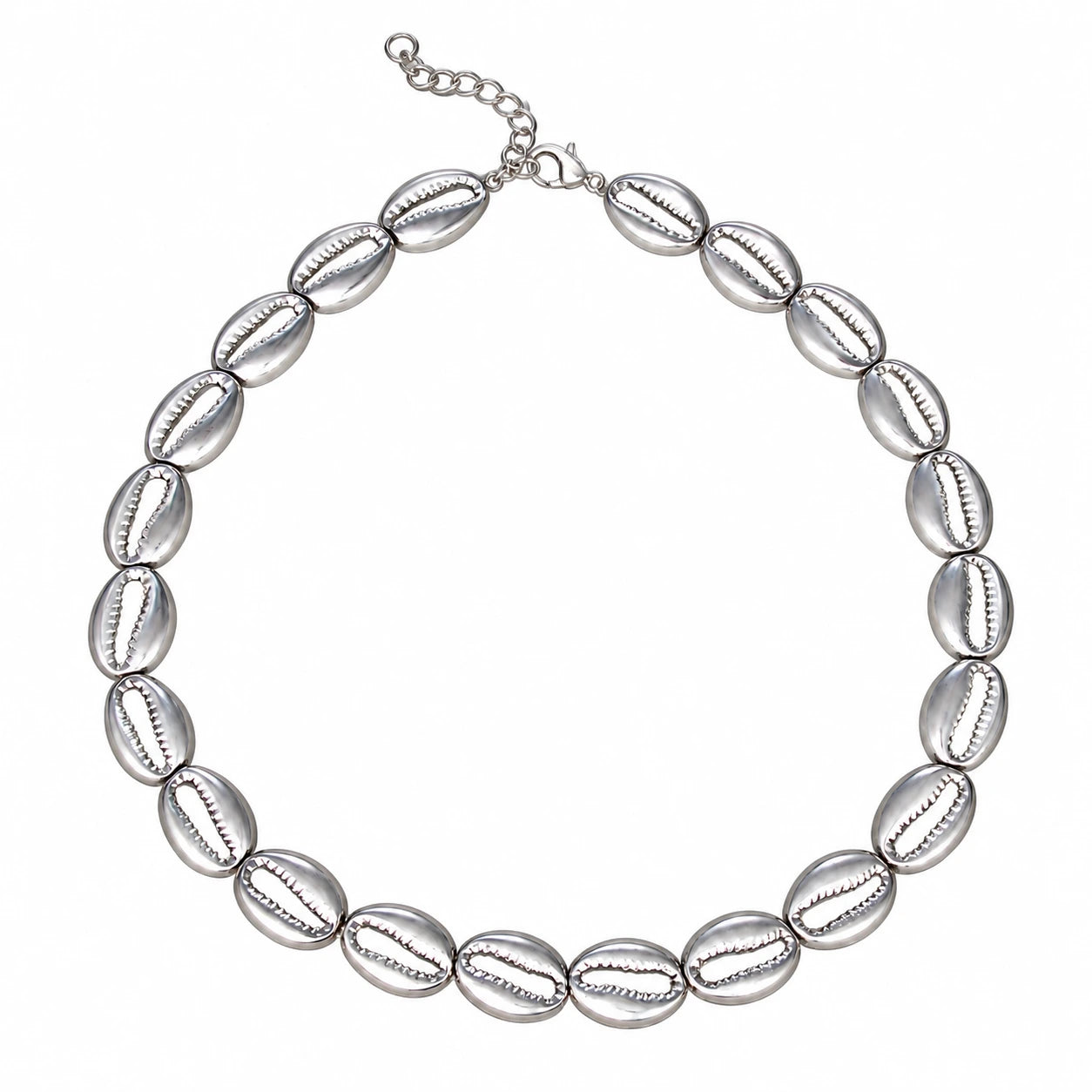 Silver cowrie shell necklace on a clean white background